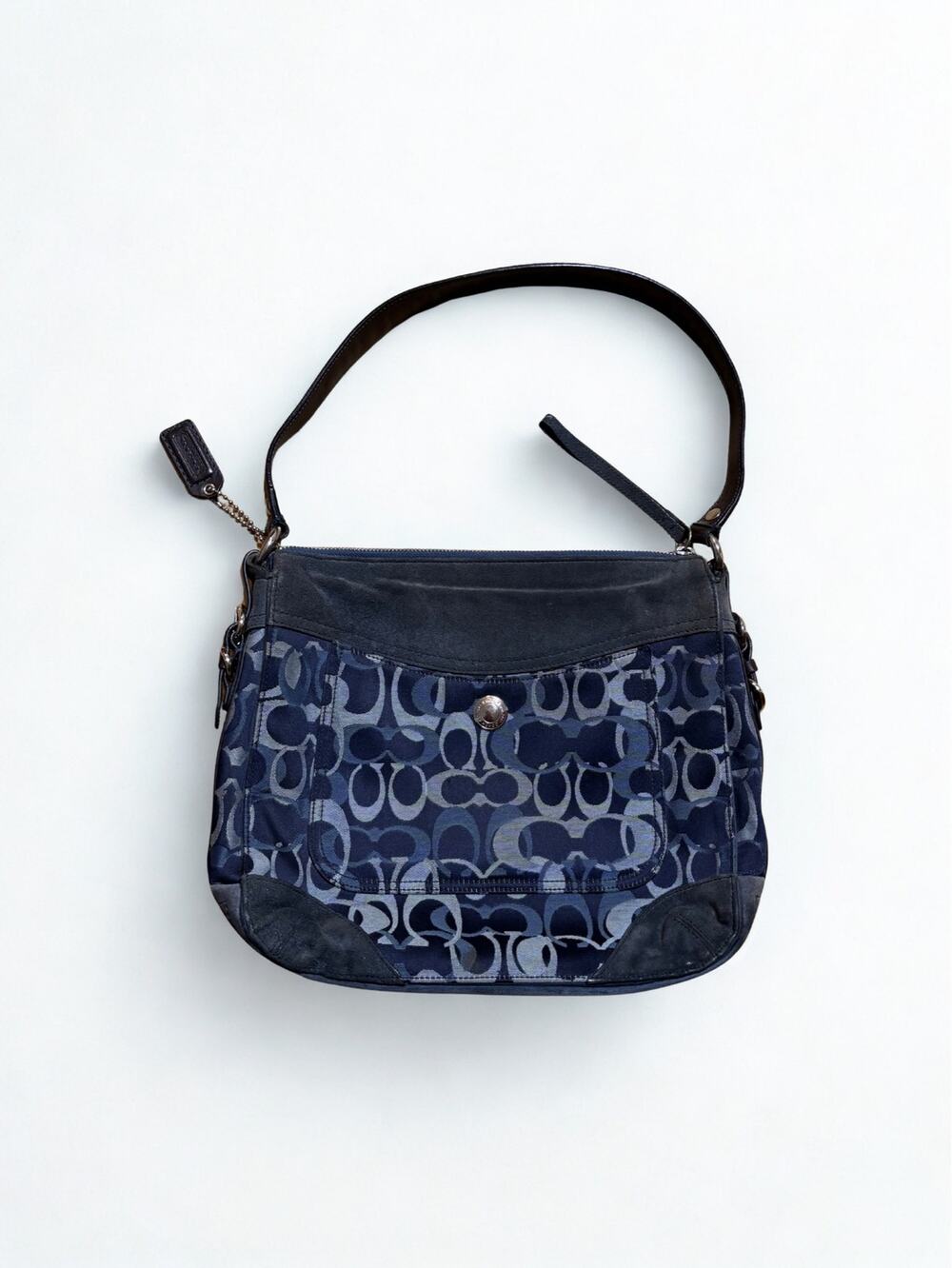 Vtg Y2K Coach Chelsea Optic Navy Blue Monogrammed Shoulder Bag Black Hangtag